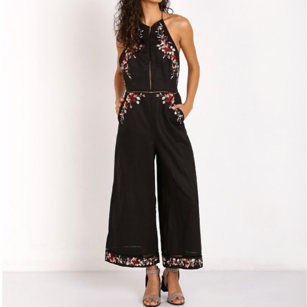 Zimmermann Black Halter Wide-Leg Embroidered Jumpsuit